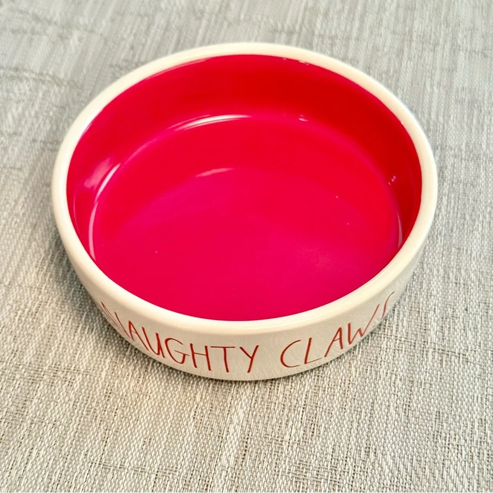Rae Dunn Christmas NAUGHTY CLAWS Red White Small Pet Food or Water Ceramic Bowl!